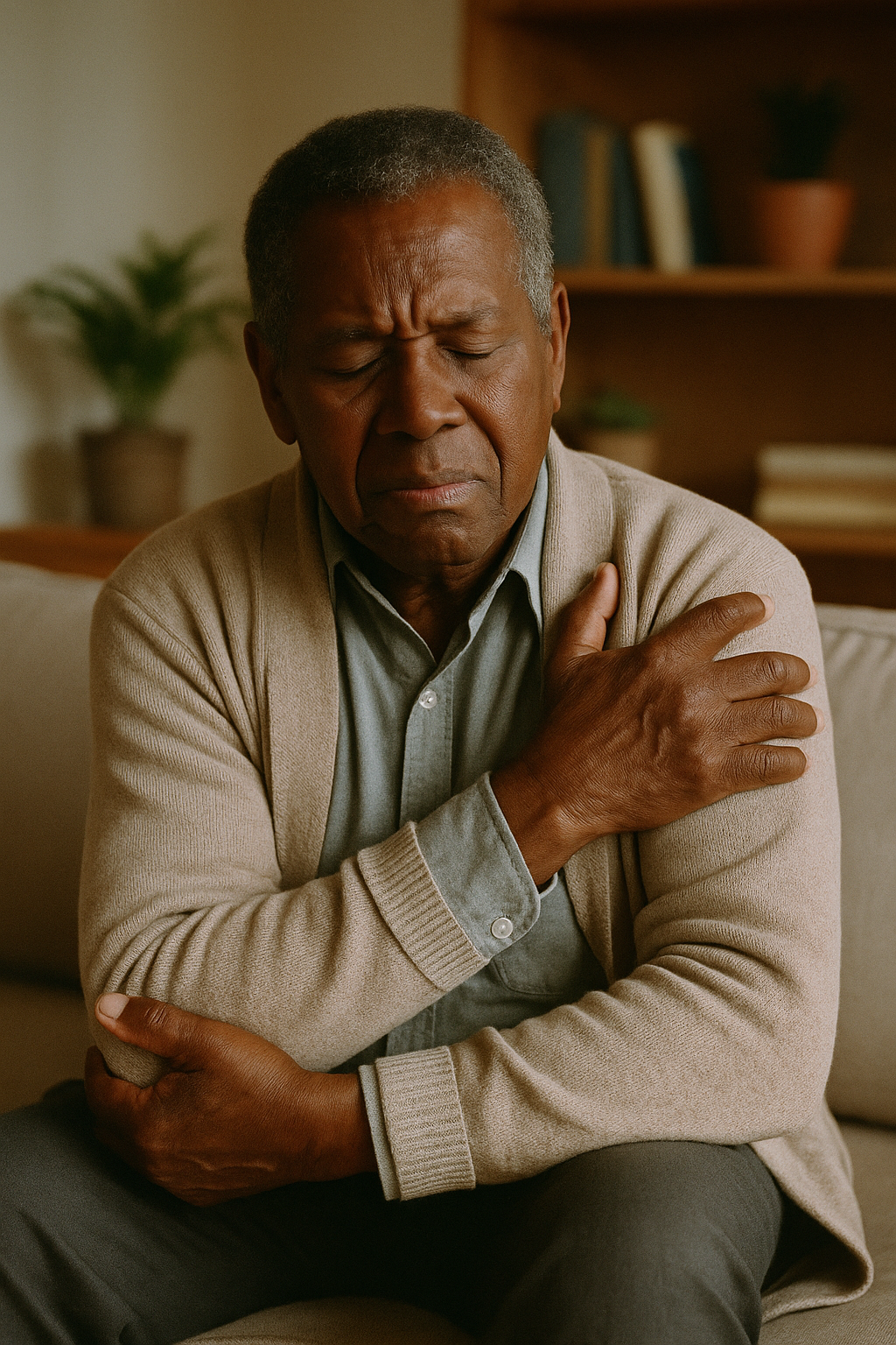 Person holding their shoulder in pain, seeking comfort
